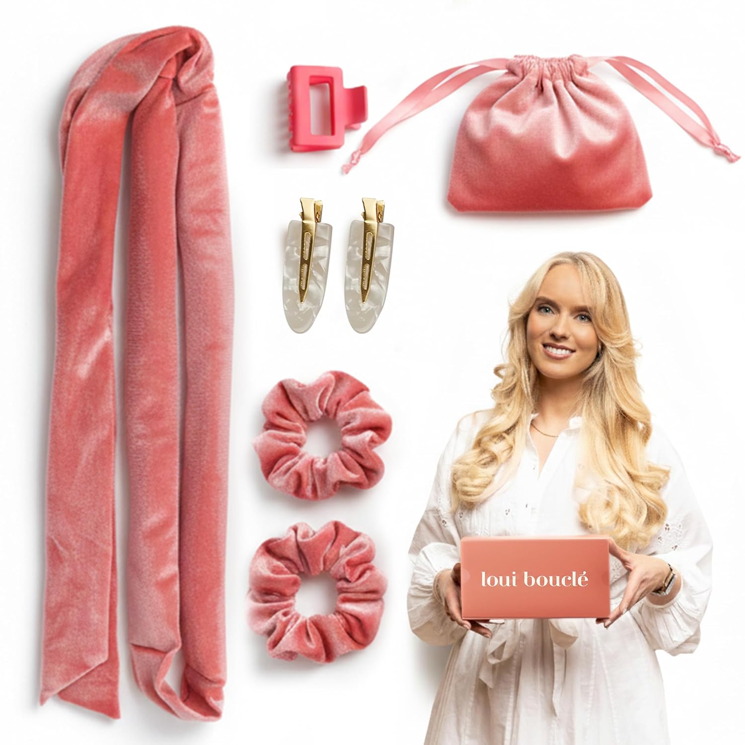 loui bouclé heatless curls set mit model pink lockenband inhalt